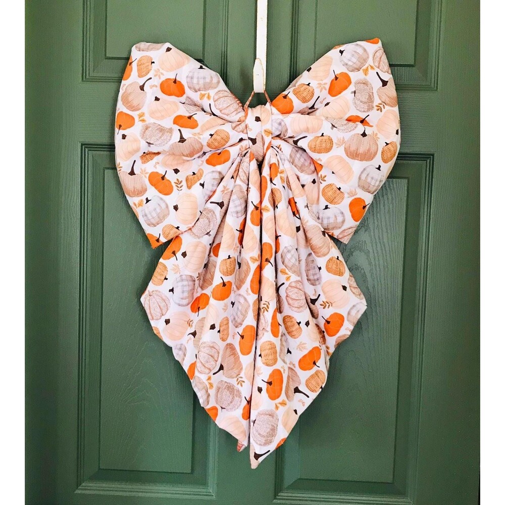 Reversible! Large Quilted Door Bow, Seasonal, Fall Pumpkins Orange Plaid